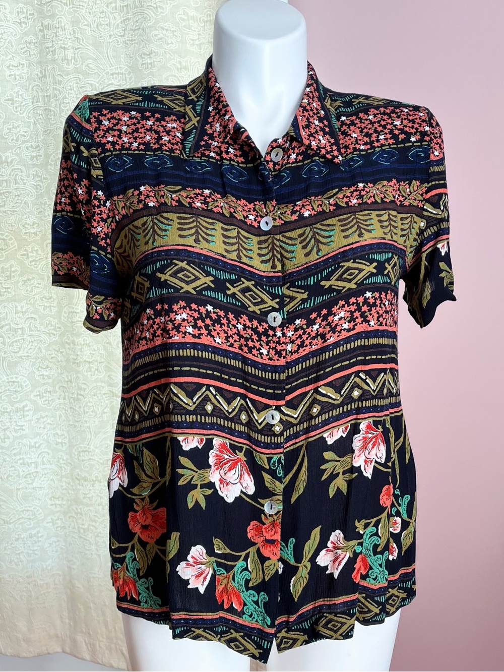 Black Floral & Geo Print Short Sleeve Button-Up Top